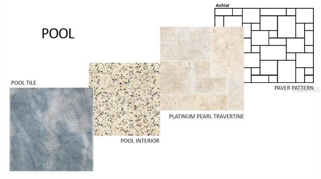 This image displays samples of pool tile, interior finish, and an ashlar paver pattern — 17844 SIGNATURE PLACE, BRADENTON, FL