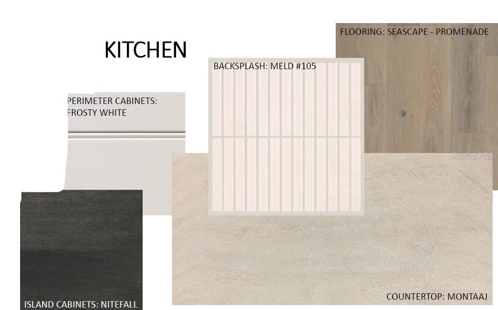 This is a digital design board showing kitchen finishes including cabinets, backsplash, countertop, and flooring — 17844 SIGNATURE PLACE, BRADENTON, FL
