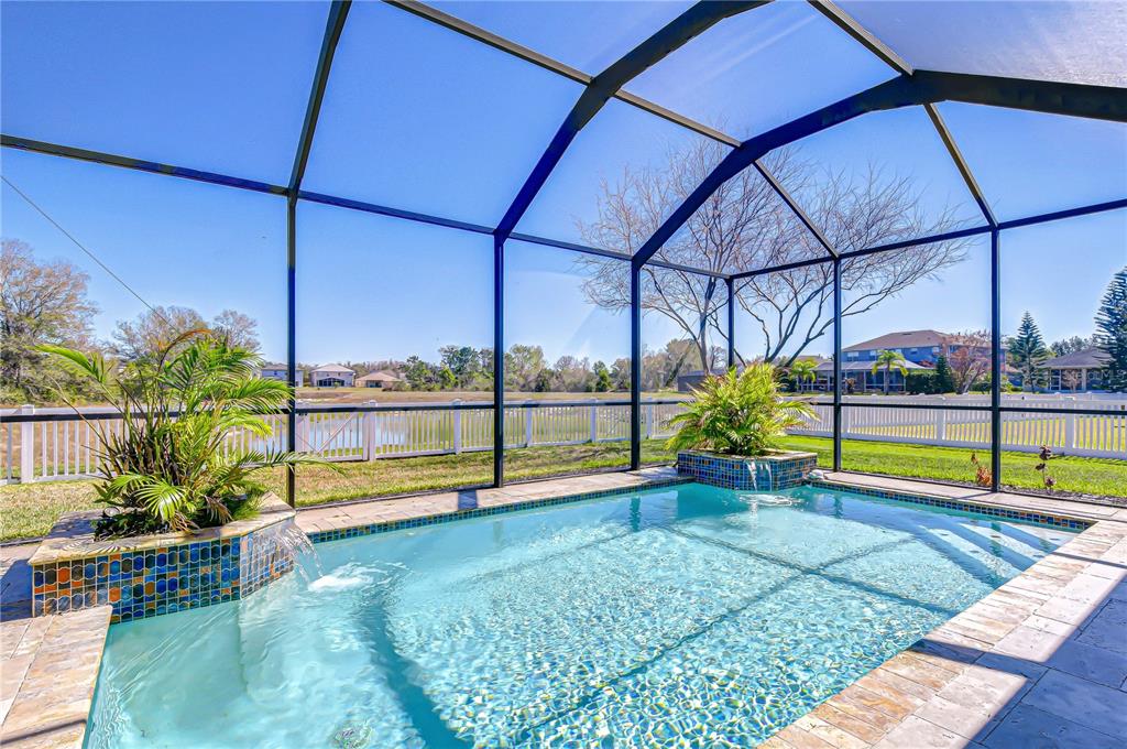 A screened-in swimming pool with two water features and potted plants overlooks a grassy yard — 19914 BLUFF OAK BOULEVARD, TAMPA, FL
