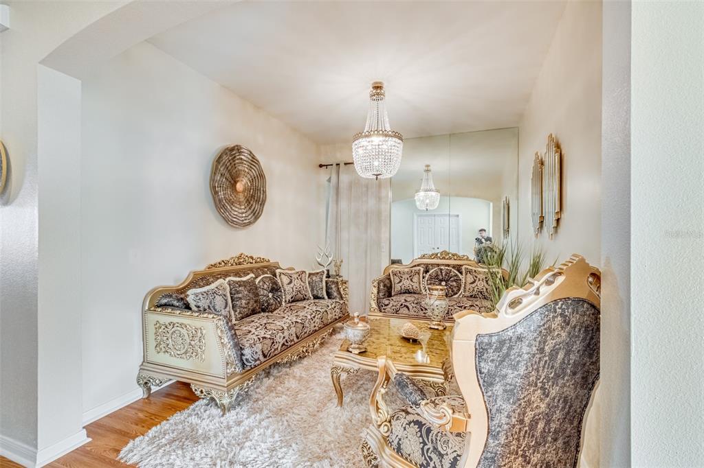 A formal living room features ornate gold-trimmed furniture, a crystal chandelier, and a mirrored wall — 763 STAR POINTE DRIVE, SEFFNER, FL