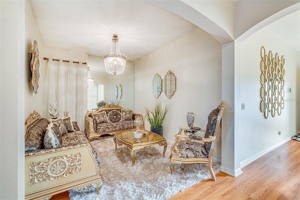A formal living room features ornate gold furniture, a crystal chandelier, and a large wall mirror — 763 STAR POINTE DRIVE, SEFFNER, FL