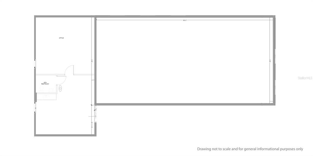 This floor plan shows an office space with an ADA restroom and a large warehouse area — 205 S MAGNOLIA AVENUE, OCALA, FL
