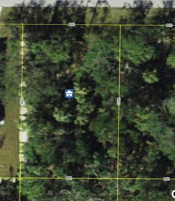 An aerial view shows a rectangular, tree-covered vacant lot with property dimensions marked in yellow — 19083 RIDGEDALE AVENUE, PORT CHARLOTTE, FL