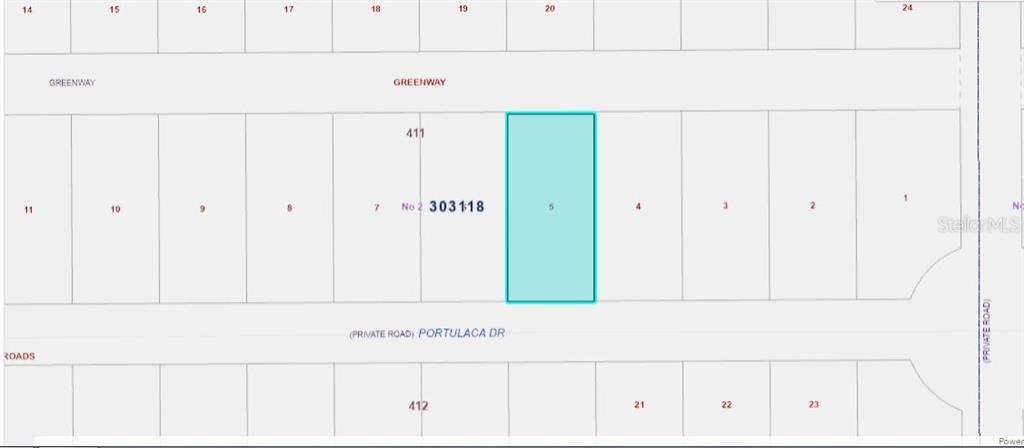 This is a plat map showing a highlighted rectangular lot numbered 5 on Portulaca Drive — 710 PORTULACA DRIVE, INDIAN LAKE ESTATES, FL