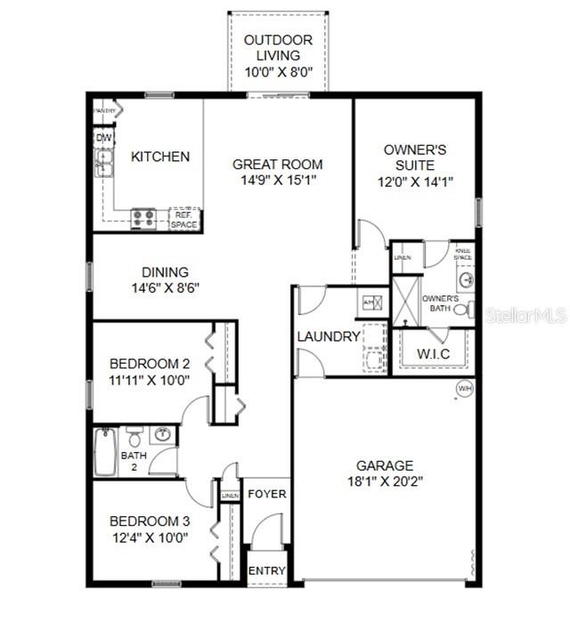 This is a floor plan for a single-story house with three bedrooms and a garage — 886 HUDSON VALLEY DRIVE, POINCIANA, FL