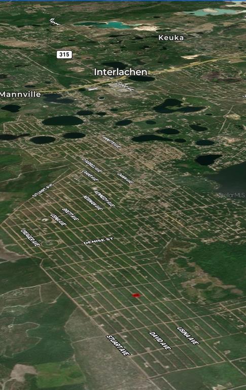 An aerial map view shows a red-highlighted property lot within a grid of streets — LOT 28 DEL MONACO AVENUE, INTERLACHEN, FL