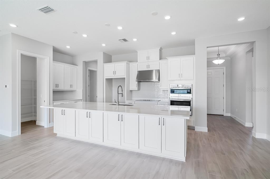 A modern kitchen island with white cabinets and quartz countertops overlooks a backyard pond view — 5652 NEVIS TERRACE, KISSIMMEE, FL