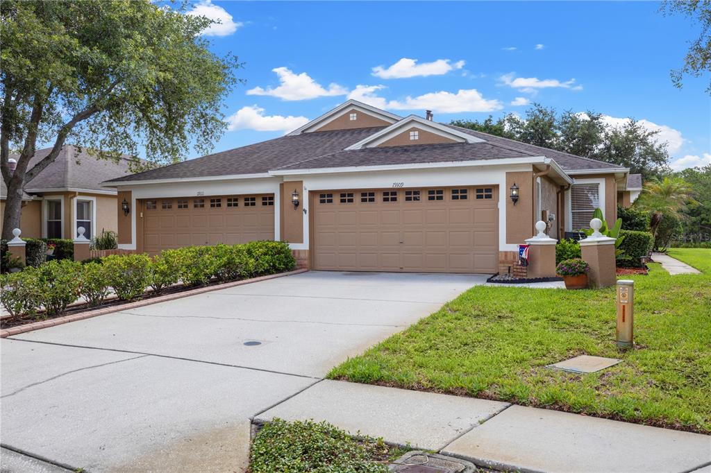 A tan, single-story duplex with two garage doors and a concrete driveway — 19109 WHITE WING PLACE, TAMPA, FL