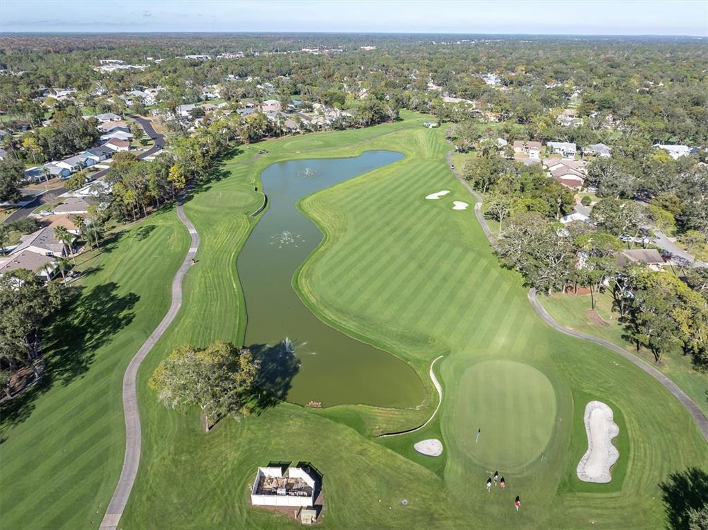 An aerial view of a golf course hole featuring a large pond and sand bunkers — 7099 POND VIEW COURT, SPRING HILL, FL