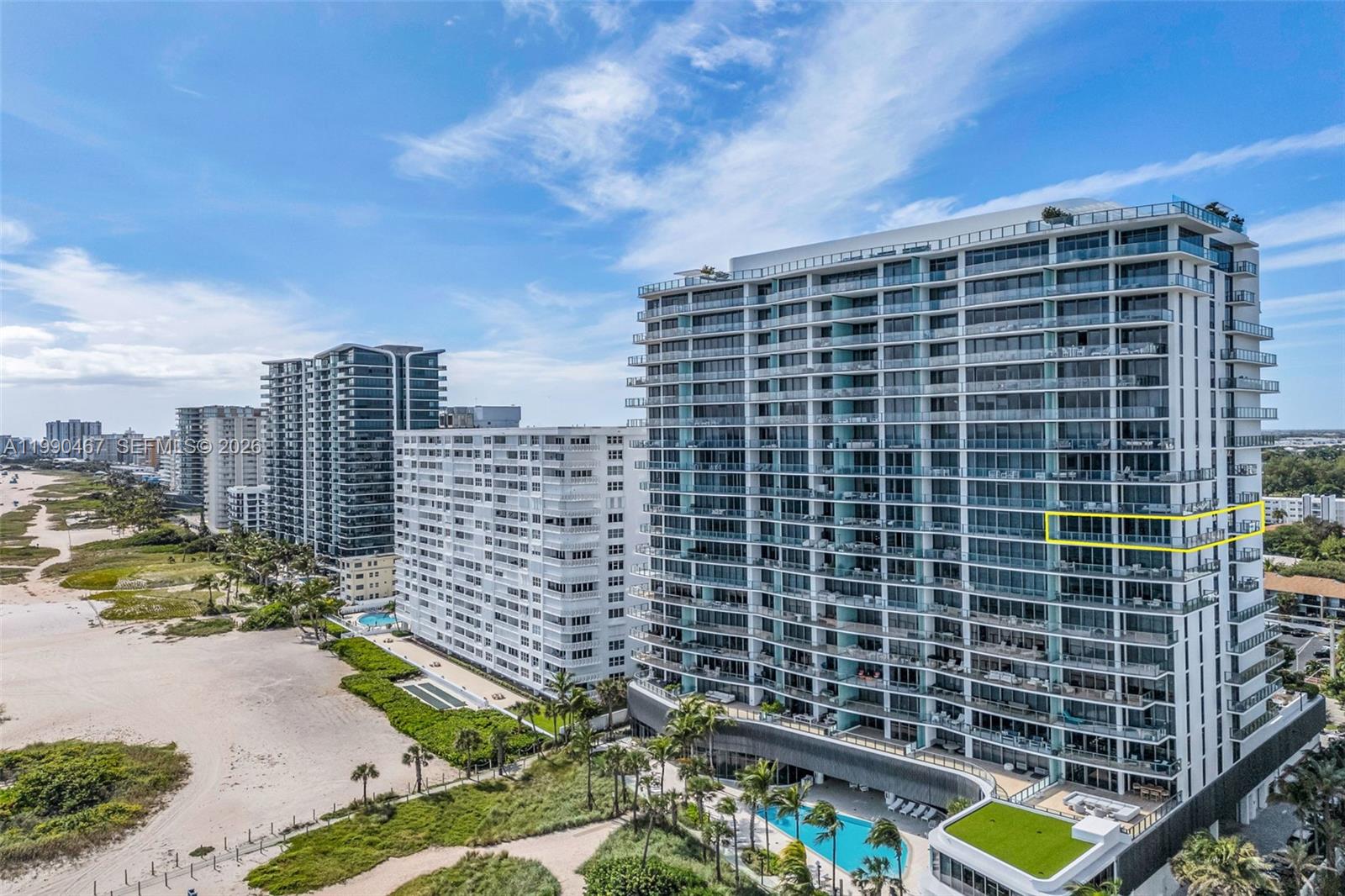 An aerial view shows a modern beachfront high-rise condominium building with a highlighted balcony unit — 1116 N Ocean Blvd # 1106, Pompano Beach FL 33062, POMPANO BEACH, FL