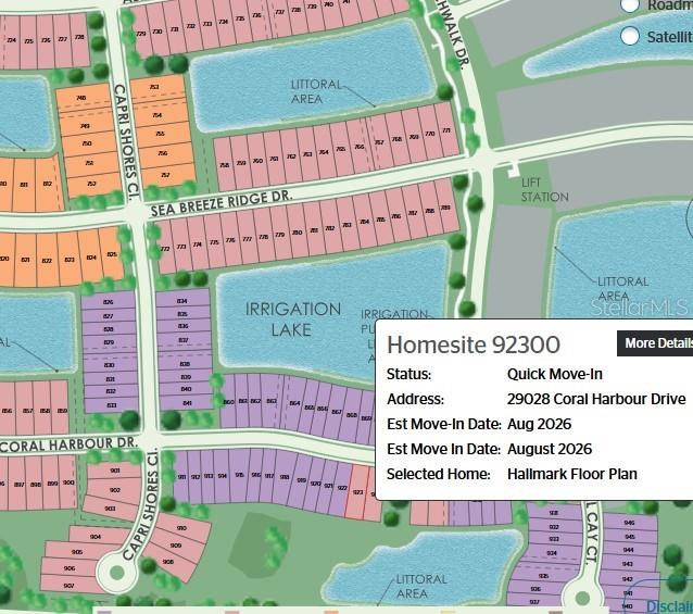 This is a digital map showing residential lots, streets, and water features in a community — 29028 CORAL HARBOUR DRIVE, ENGLEWOOD, FL