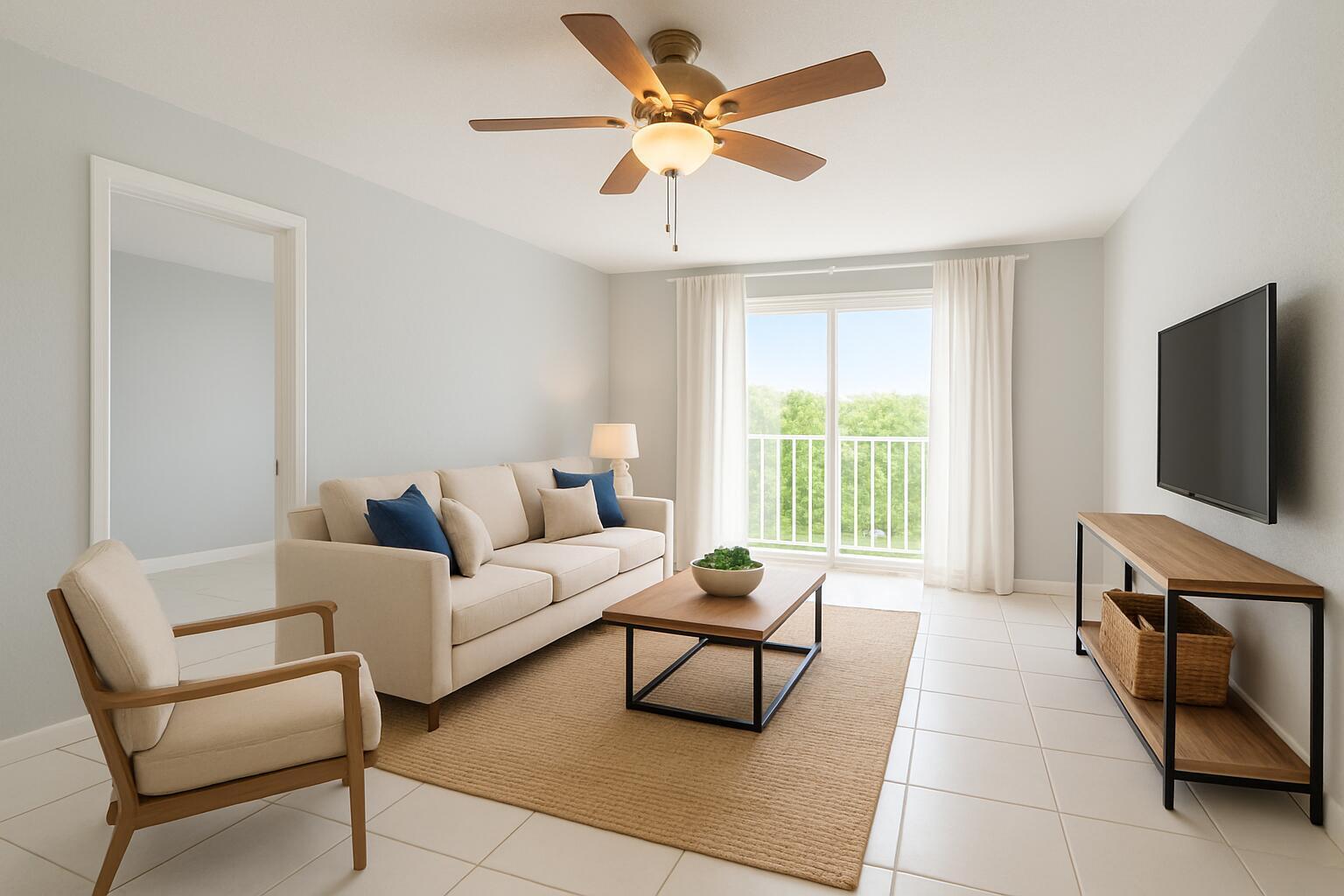 This rendering shows a living room with a beige sofa, armchair, coffee table, and television — 1001 SE 3rd Street # 3, Deerfield Beach FL 33441, DEERFIELD BEACH, FL