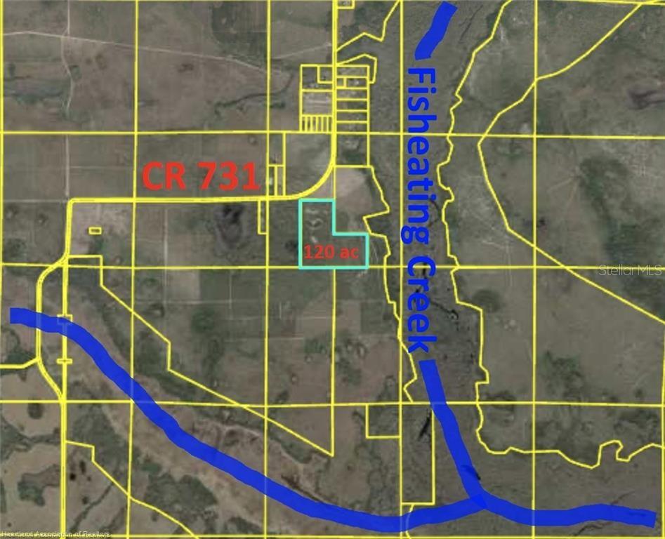 This map shows a 120-acre parcel of land located near Fisheating Creek and CR 731 — 17470 COUNTY ROAD 731, VENUS, FL