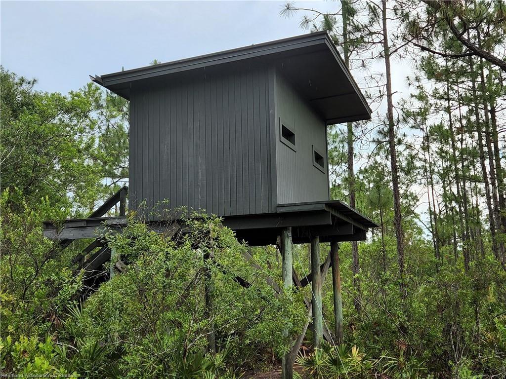 An elevated wooden hunting blind stands on stilts among trees in a wooded area — 17470 COUNTY ROAD 731, VENUS, FL
