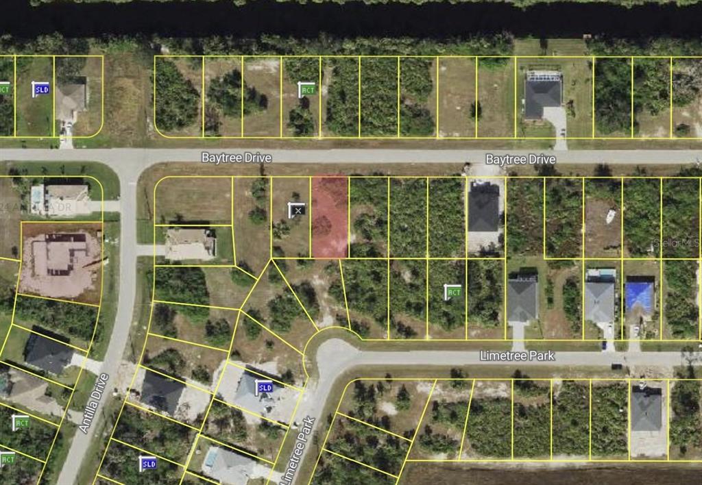 This is an aerial map showing a vacant residential lot highlighted in red on Baytree Drive — 277 BAYTREE DRIVE, ROTONDA WEST, FL