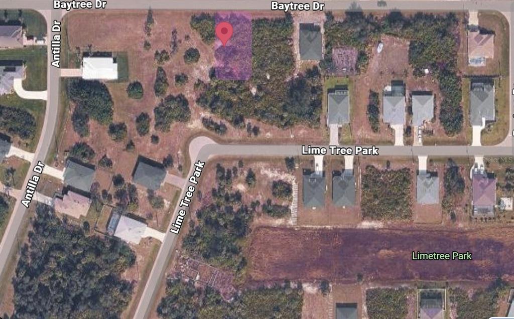 This is an aerial map view of a residential lot highlighted in purple — 277 BAYTREE DRIVE, ROTONDA WEST, FL