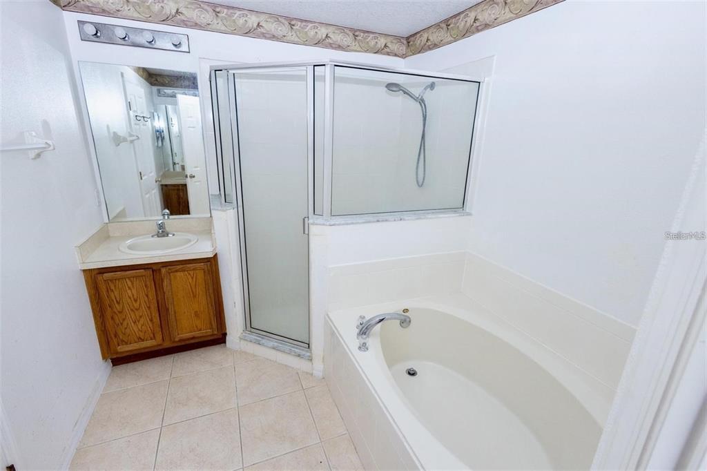 A bathroom features a vanity with a wood cabinet, a glass shower, and a soaking tub — 818 CARROUSEL LANE, KISSIMMEE, FL