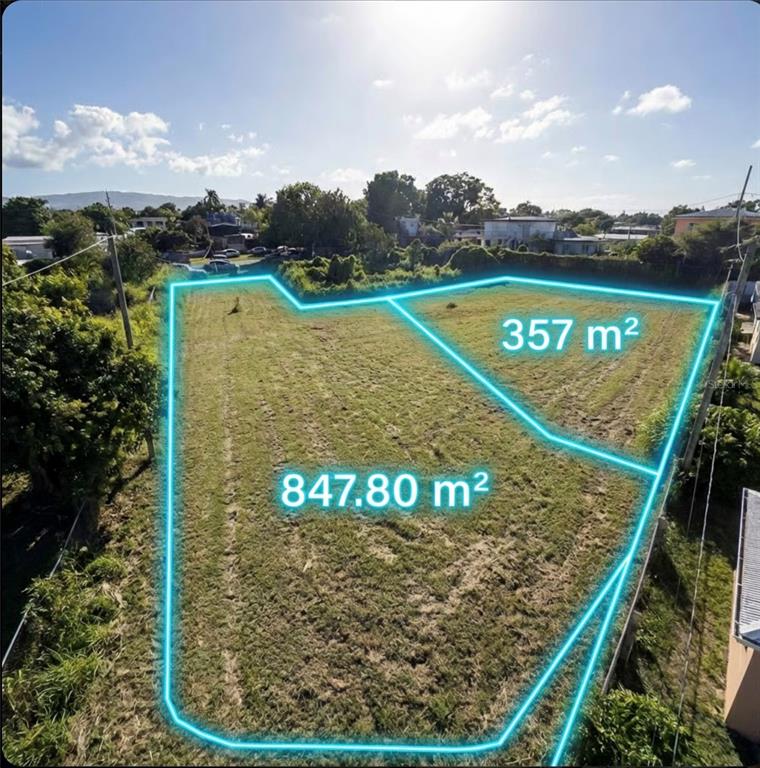 An aerial view shows two adjacent vacant lots of land outlined in blue — ORQUIDEA UNIT 3, RIO GRANDE, PR