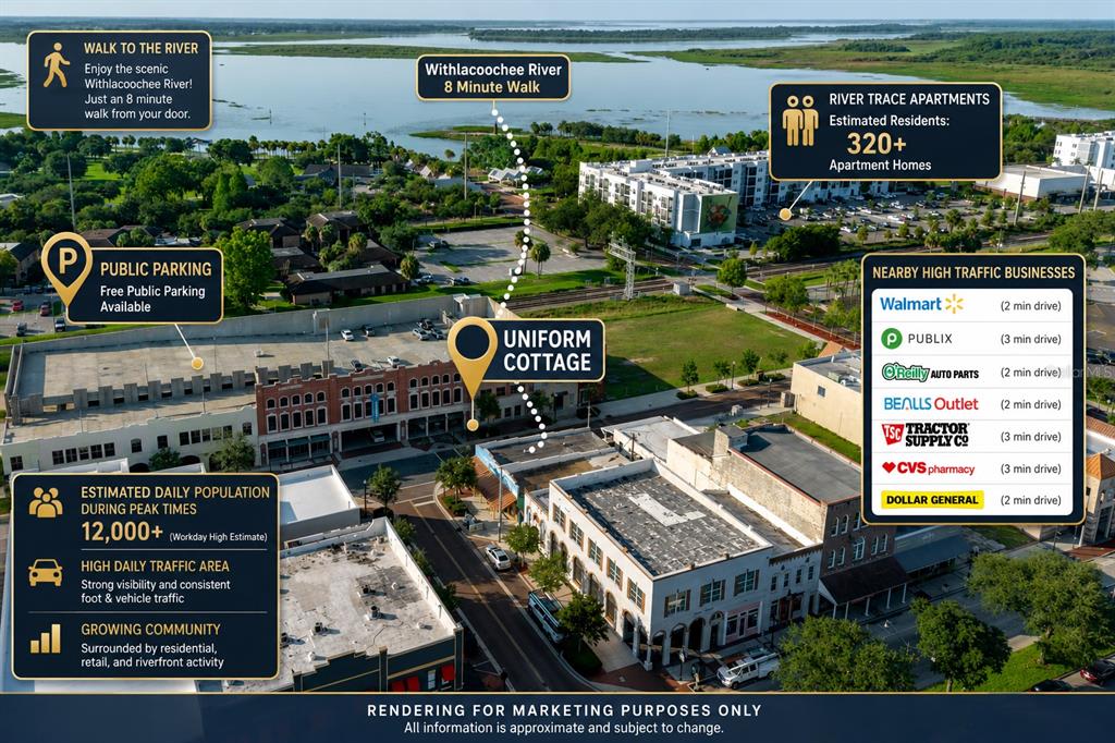 This aerial rendering shows a commercial building labeled Uniform Cottage surrounded by nearby businesses and infrastructure — 12 E DARLINGTON AVENUE, KISSIMMEE, FL