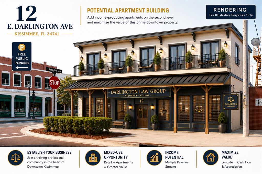 This architectural rendering shows a two-story building with a law office on the ground floor — 12 E DARLINGTON AVENUE, KISSIMMEE, FL