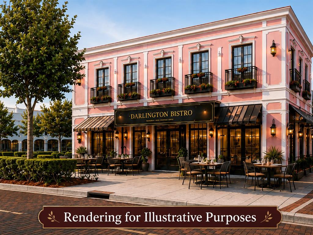 This is a rendering of a two-story pink bistro building with outdoor patio seating — 12 E DARLINGTON AVENUE, KISSIMMEE, FL