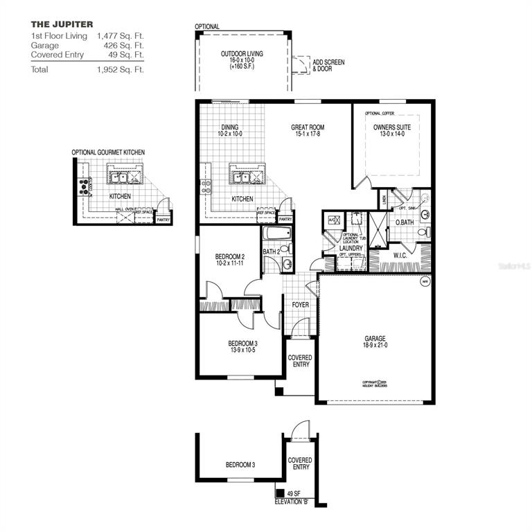 This is a floor plan for a single-story residential home named The Jupiter — 2307 SELENIA STREET, LAKE ALFRED, FL