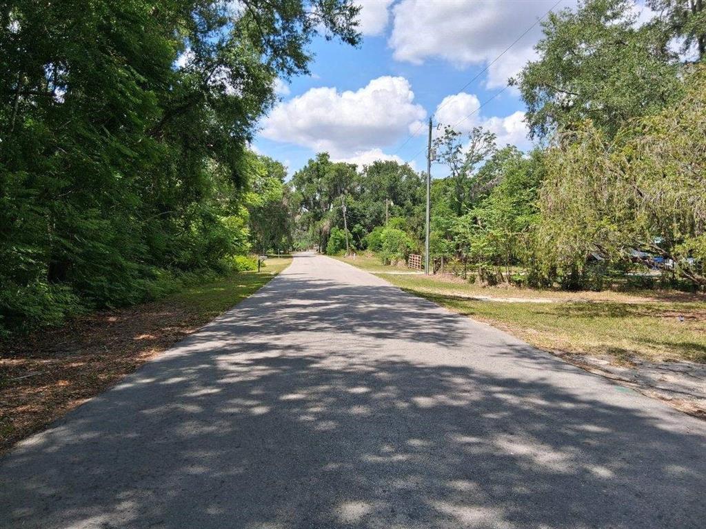 A paved road stretches through a wooded area under a blue sky with scattered clouds — NW 2ND STREET, WEBSTER, FL