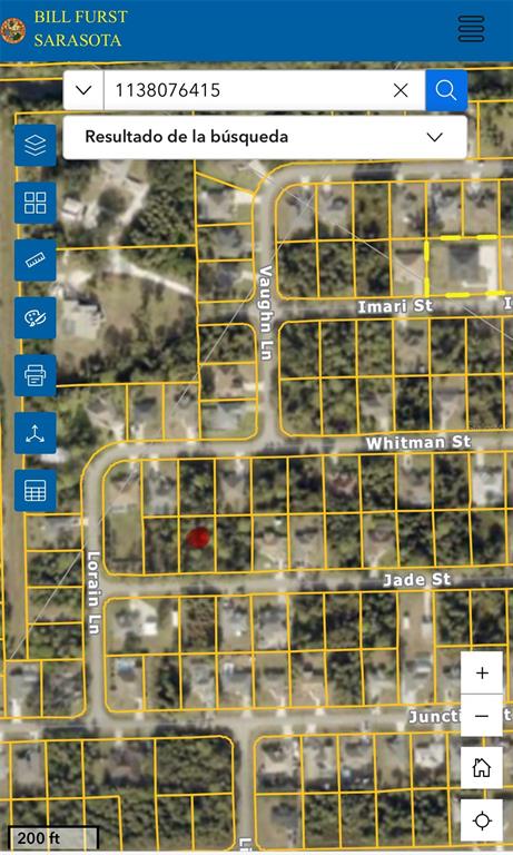 This is a map showing a property parcel highlighted in red within a residential neighborhood — JADE STREET, NORTH PORT, FL