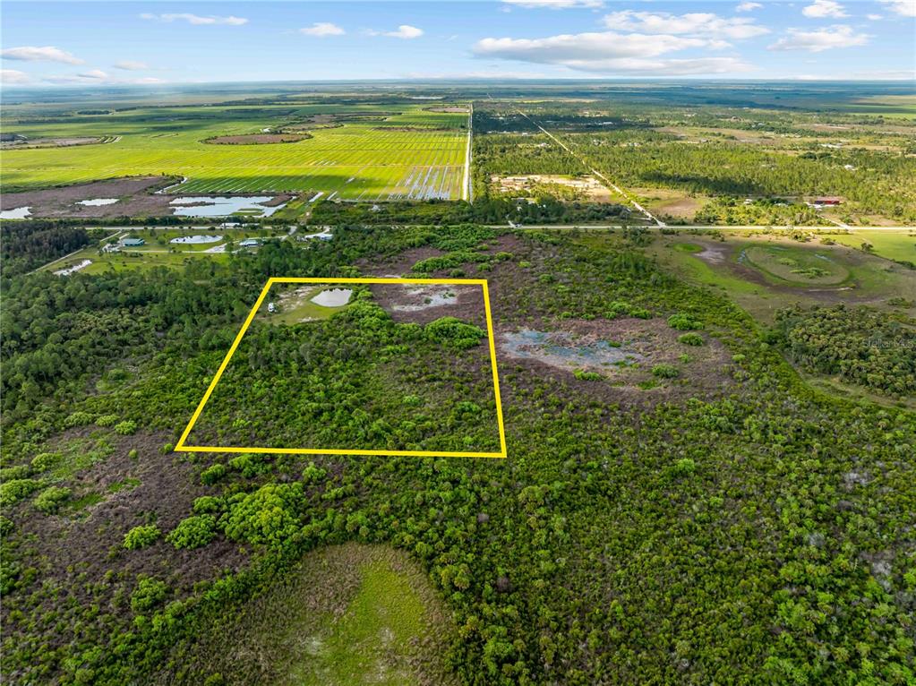 An aerial view shows a rectangular plot of land outlined in yellow amidst rural vegetation — 49909 BERMONT ROAD, PUNTA GORDA, FL