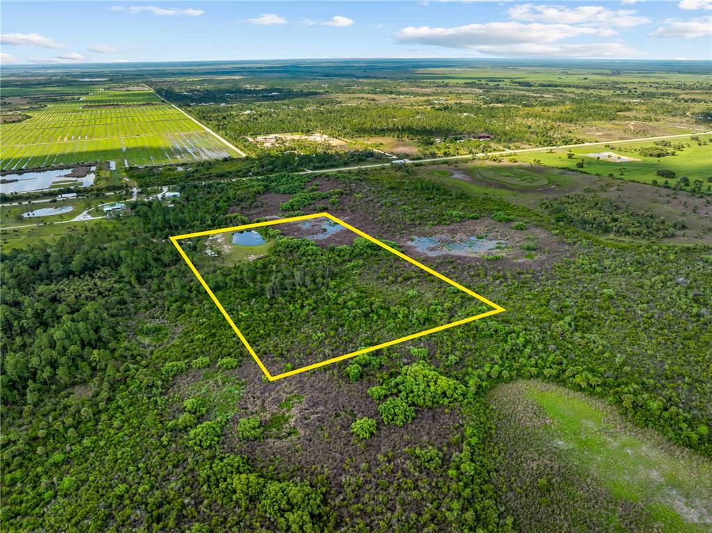 An aerial view shows a rectangular plot of land outlined in yellow amidst rural vegetation — 49909 BERMONT ROAD, PUNTA GORDA, FL