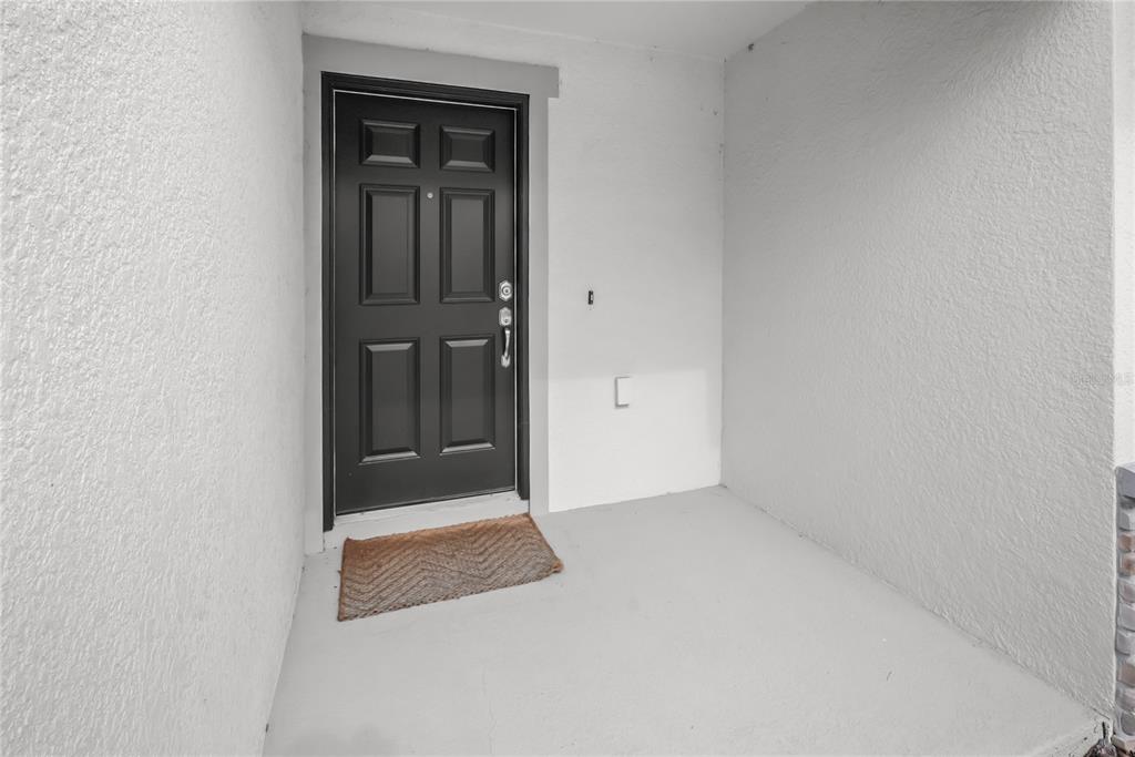 A dark front door with a textured welcome mat sits on a covered concrete porch — 2726 IDYLL LAKES CIRCLE, PLANT CITY, FL