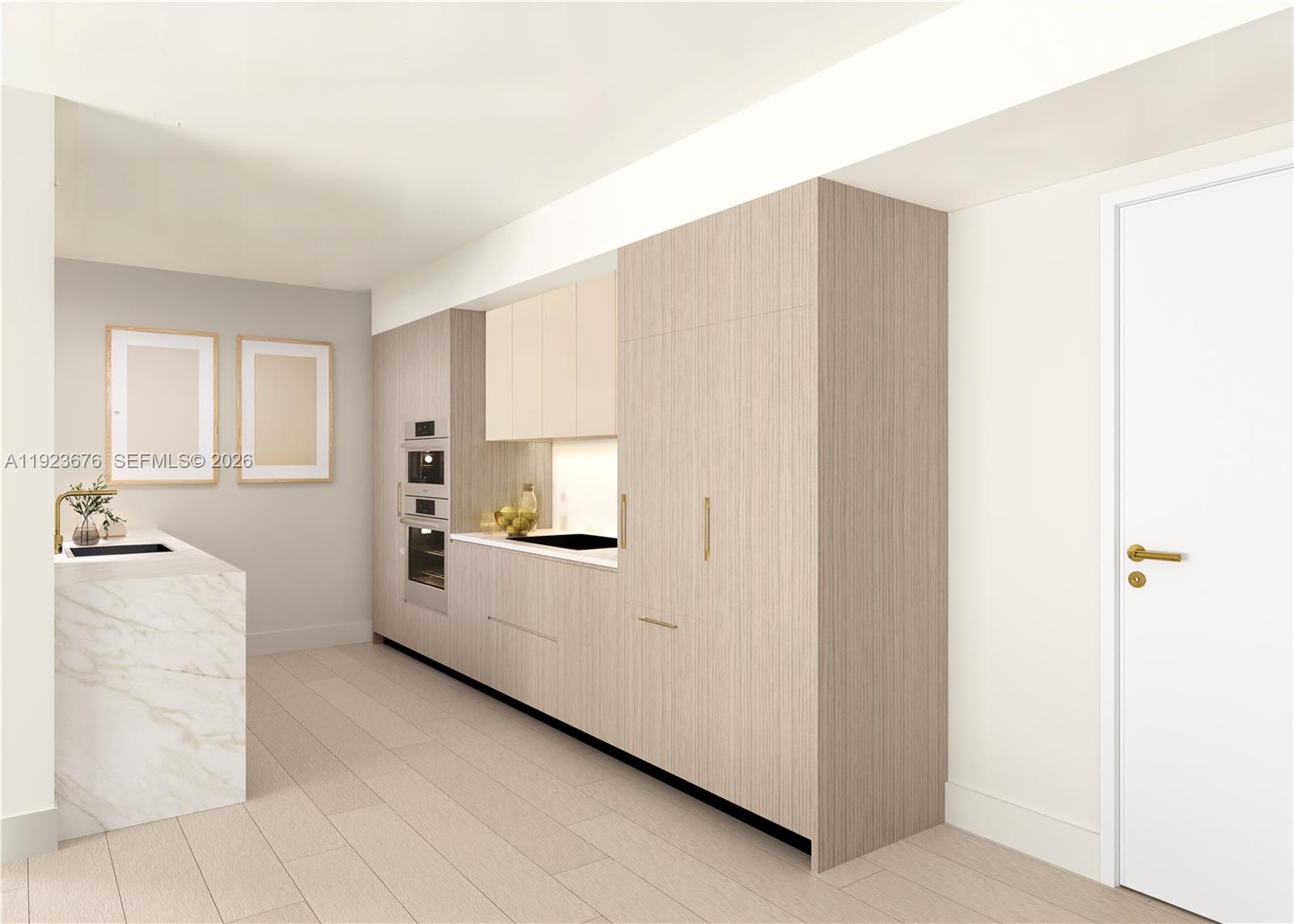 This is a rendering of a modern kitchen featuring light wood cabinetry and marble surfaces — 218 SE 7th St # 414, Hallandale Beach FL 33009, HALLANDALE BEACH, FL