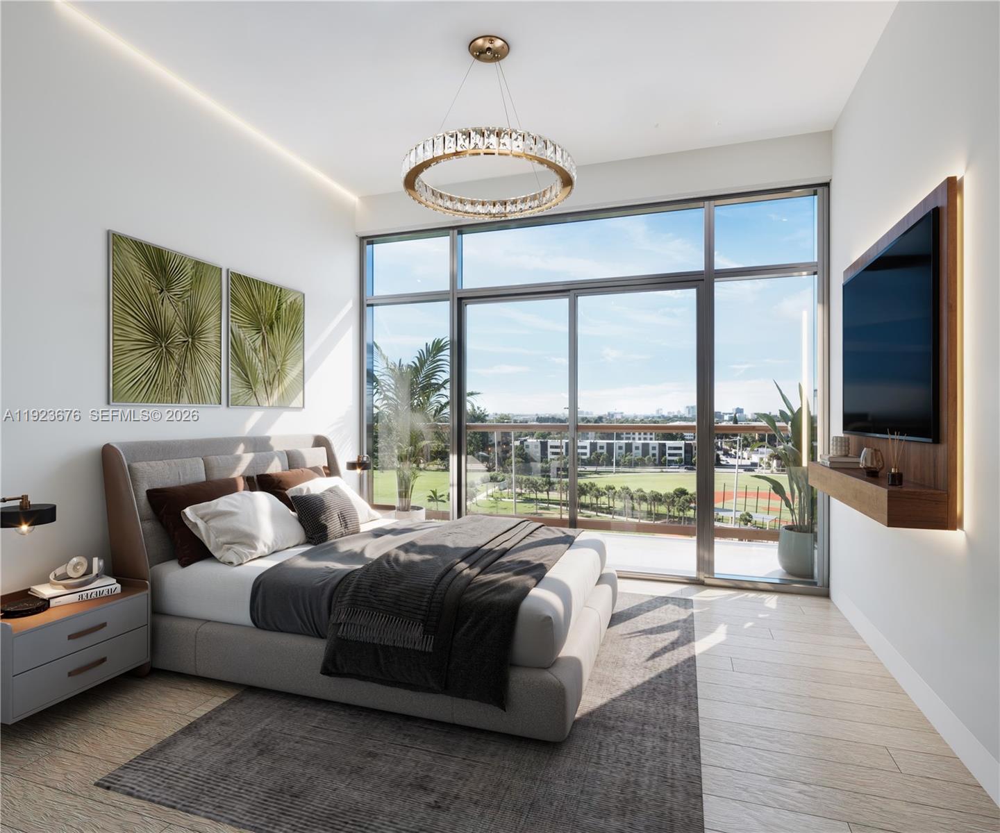 This rendering shows a modern bedroom with a bed, wall-mounted television, and floor-to-ceiling windows — 218 SE 7th St # 414, Hallandale Beach FL 33009, HALLANDALE BEACH, FL