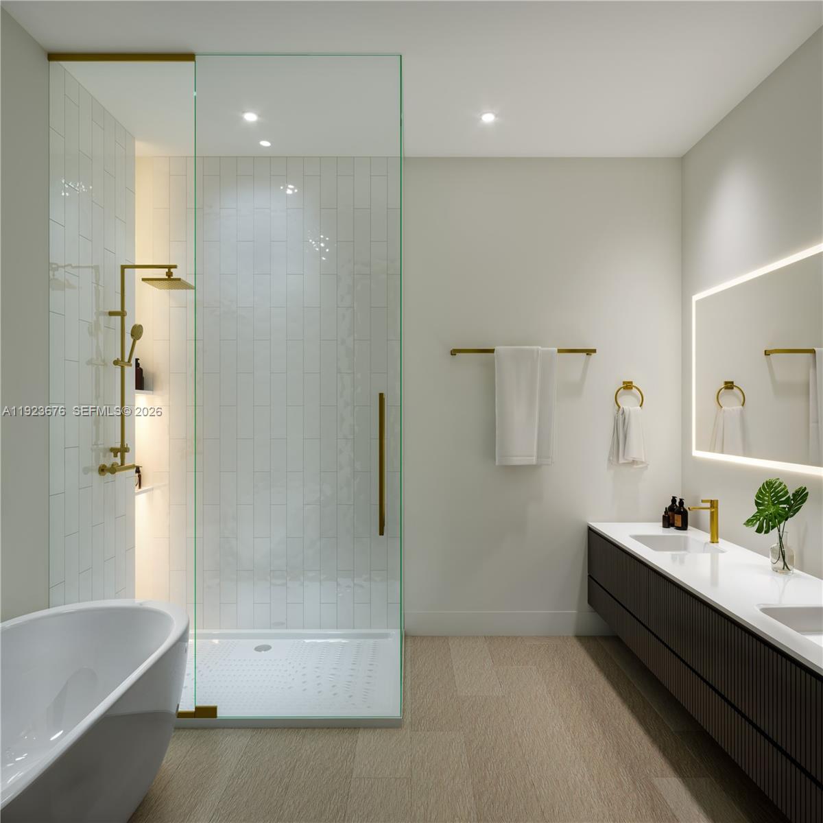 This is a rendering of a modern bathroom featuring a glass shower and double vanity — 218 SE 7th St # 414, Hallandale Beach FL 33009, HALLANDALE BEACH, FL