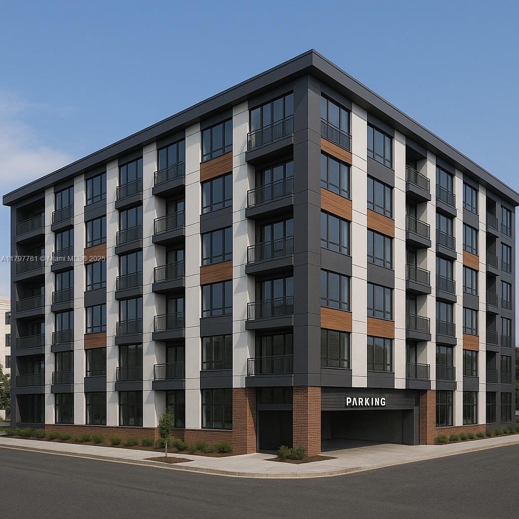 This is a rendering of a modern multi-story apartment building with a ground-level parking entrance — 112 NW 4th Ave, Dania Beach FL 33004, DANIA BEACH, FL