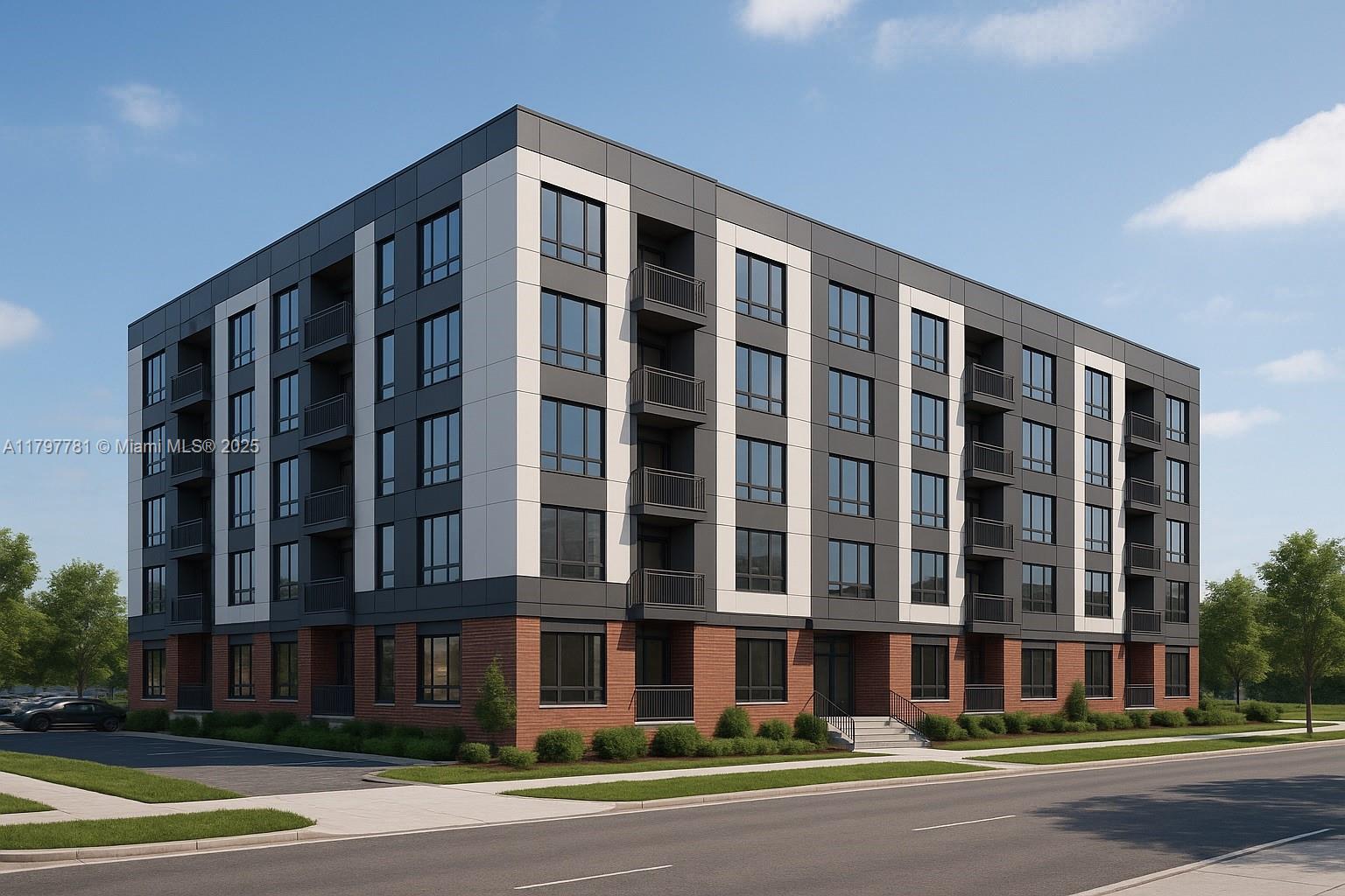 This is a digital rendering of a modern multi-story apartment building with brick and paneling — 112 NW 4th Ave, Dania Beach FL 33004, DANIA BEACH, FL