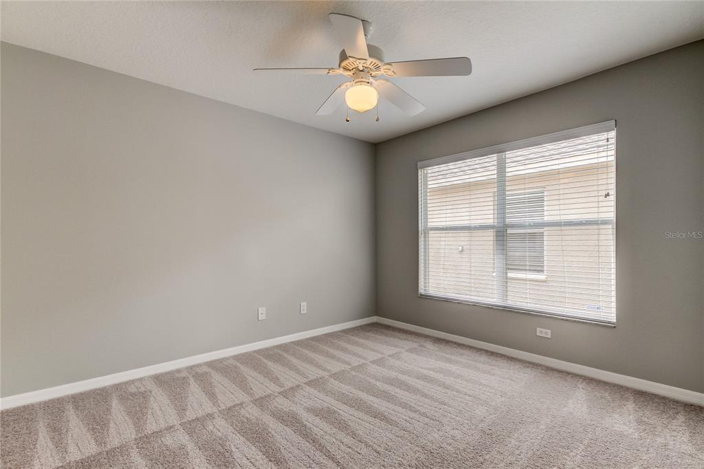 An empty bedroom features gray walls, beige carpet, a ceiling fan, and a large window — 18829 MAISONS DRIVE, LUTZ, FL