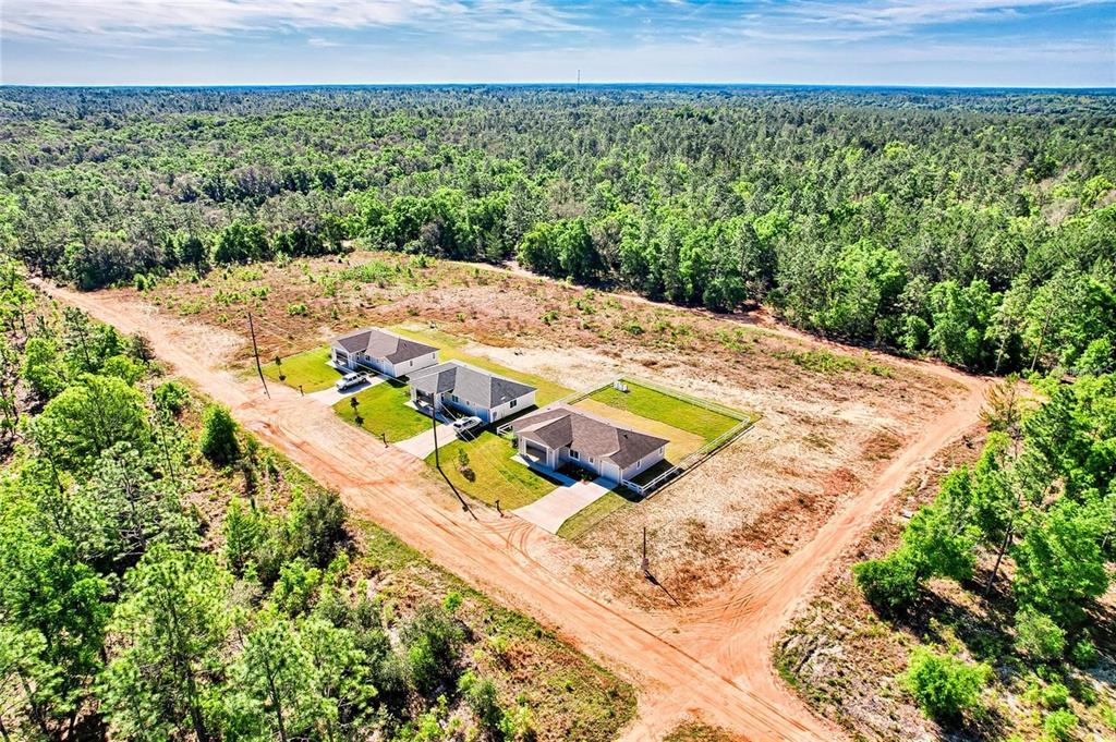 An aerial view shows three houses situated on a large, cleared lot surrounded by forest — 135 HARTFORD STREET, HAWTHORNE, FL