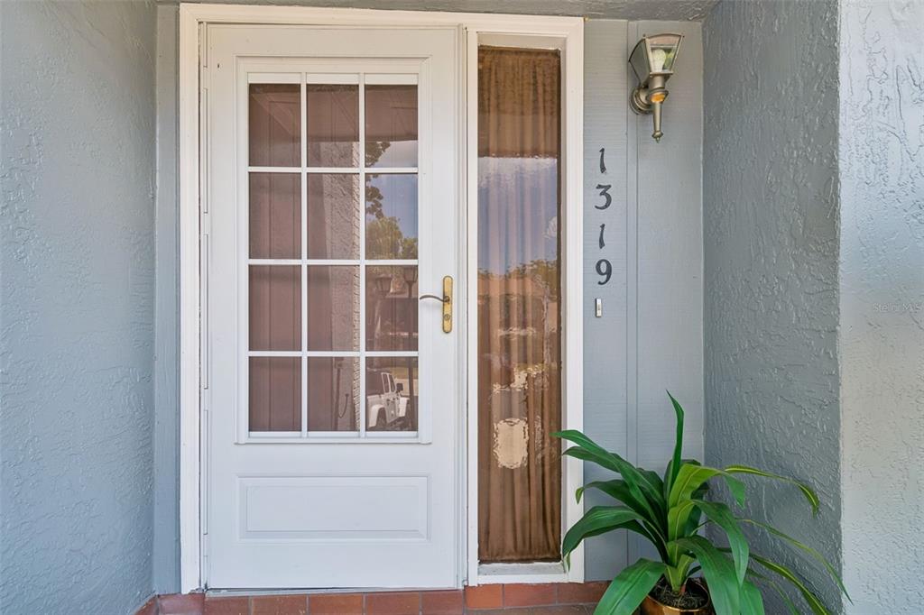 A white front door with a glass pane and side window sits next to house numbers — 1319 ABBEY CRESCENT LANE, CLEARWATER, FL