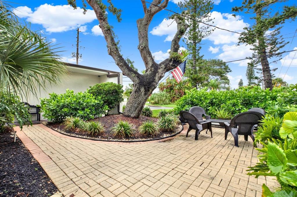 A paved patio features a large tree, two dark chairs, and a small table — 1040 PALM DRIVE, BELLEAIR BEACH, FL