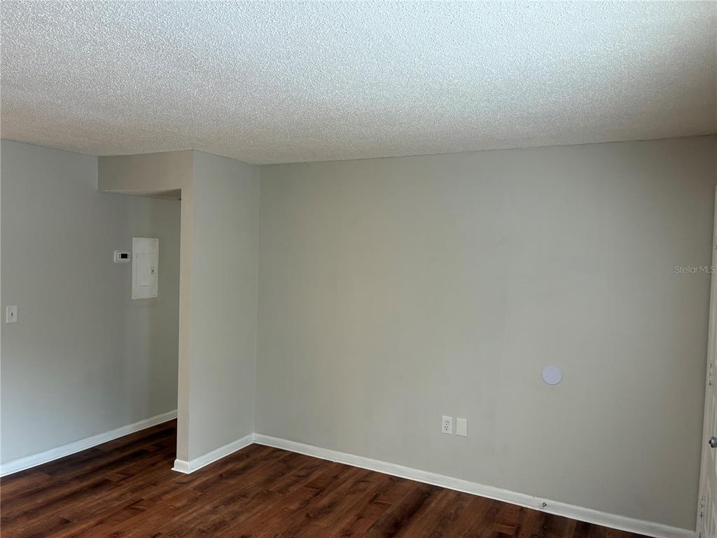 An empty room with light gray walls, white trim, and dark wood-look flooring — 5101 S CLARICE COURT UNIT 1A, TAMPA, FL