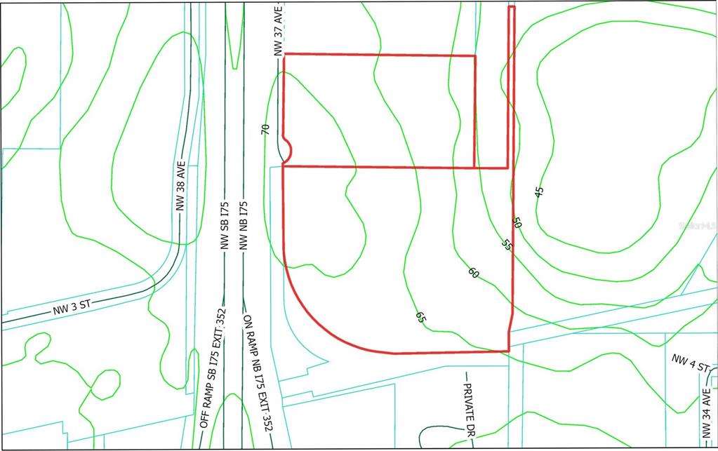 This map shows a land parcel outlined in red with topographic contour lines and roads — NW 37TH STREET, OCALA, FL