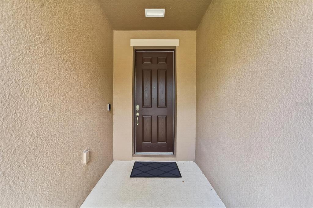 A brown front door is centered in a recessed entryway with beige stucco walls — 11621 TETRAFIN DRIVE, RIVERVIEW, FL