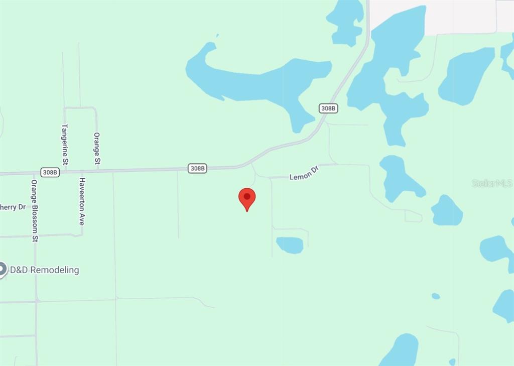This is a map showing a red location pin near Lemon Drive and road 308B — 123 PEACH ORCHARD ROAD, POMONA PARK, FL