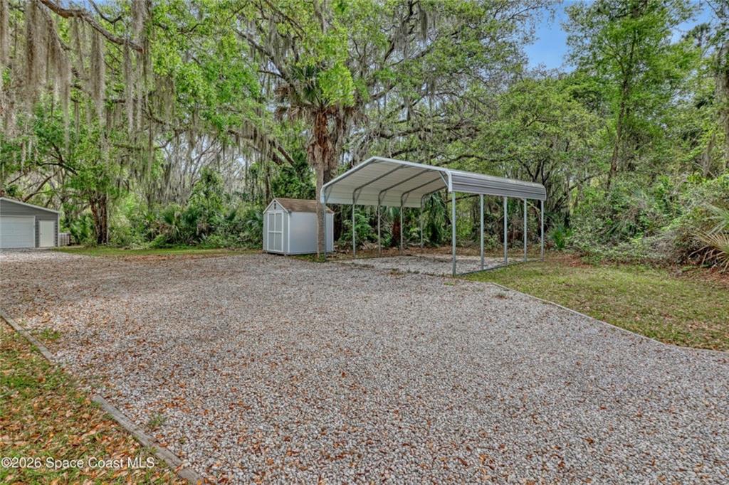 A gravel driveway features a metal carport and a small storage shed under trees — 4325 N HIGHWAY 1, MIMS, FL