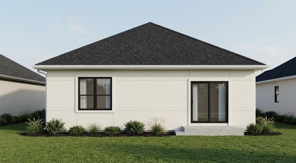 This rendering shows the exterior rear view of a single-story house with white siding — 4800 16TH AVENUE S, ST PETERSBURG, FL