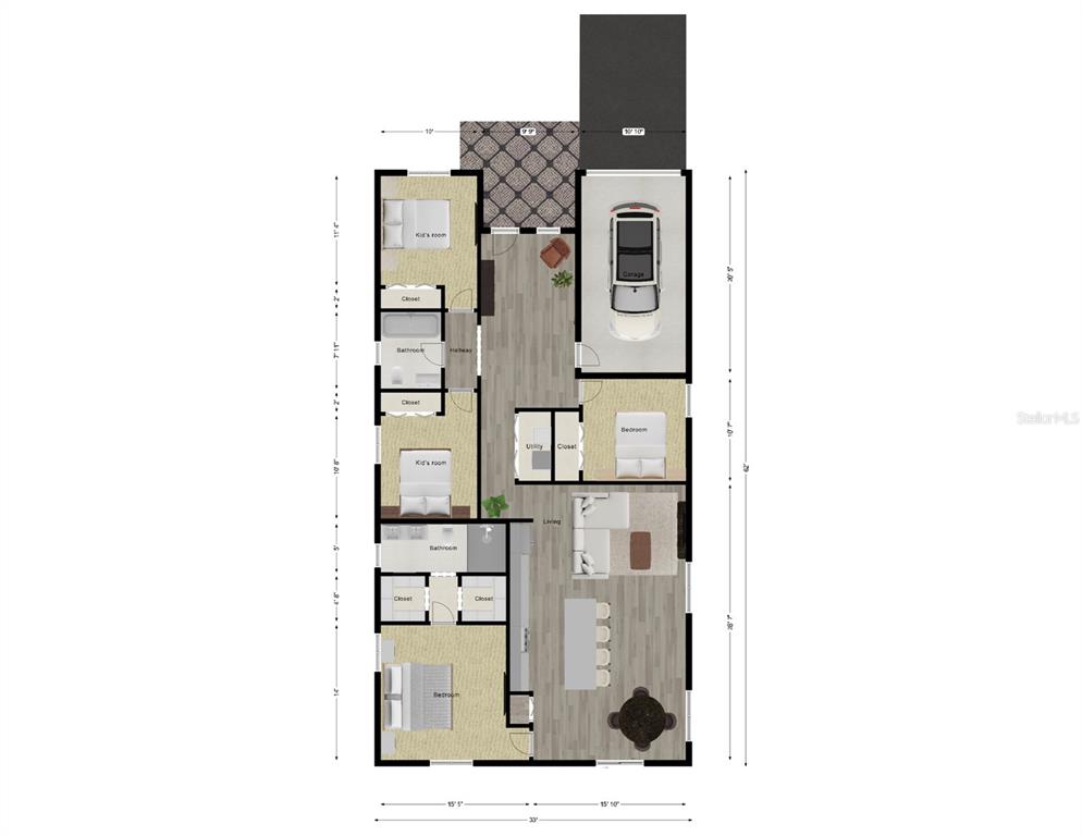 This floor plan shows a single-story house with a garage, four bedrooms, and an open-concept living area — 4800 16TH AVENUE S, ST PETERSBURG, FL