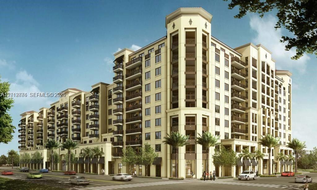 This is a digital rendering of a multi-story apartment building with balconies and palm trees — 301 Altara Ave # 3J, Coral Gables FL 33146, CORAL GABLES, FL