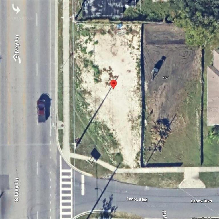 This is an aerial map view of a vacant, rectangular corner lot — 4341 LENOX BOULEVARD, ORLANDO, FL