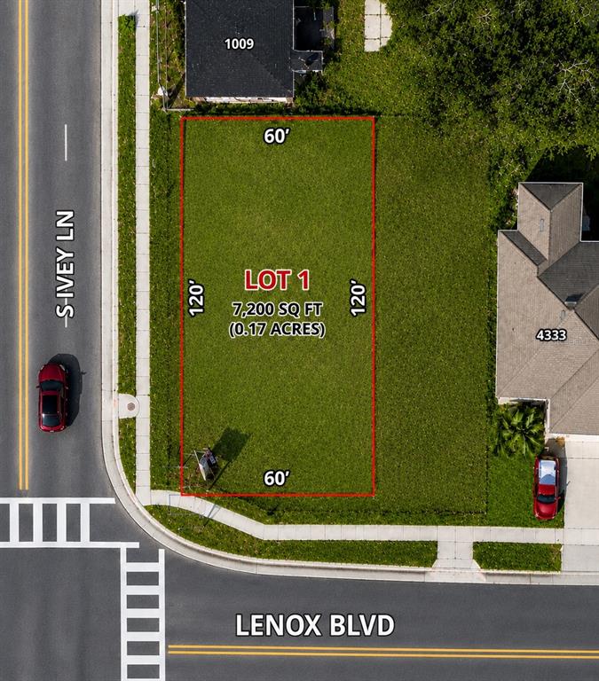 This is an aerial map showing a rectangular vacant lot located at a street corner — 4341 LENOX BOULEVARD, ORLANDO, FL